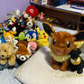 A collection of various stuffed animals, most notably a Build-a-Bear Eevee, a black dog, a labrador, and a red panda